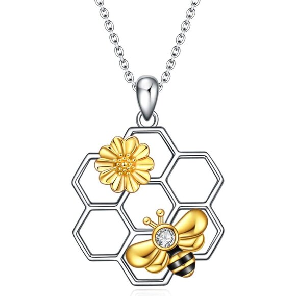 Jewelry - 925 Sterling Silver Bee Necklace with Honeycomb Pendant for Women